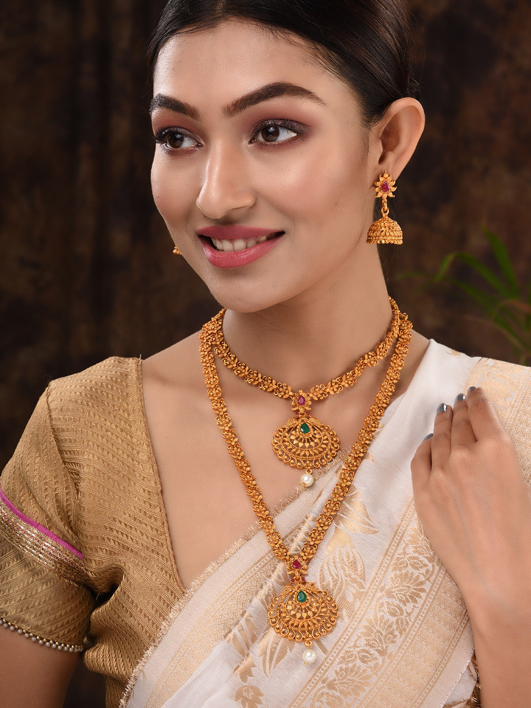 Saraf RS Jewellery Gold-Polished South Indian Imitation Bridal Temple Jewellery Set | Grocsy