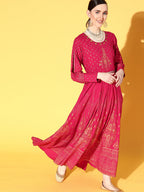 Juniper Women Fuchsia Rayon Printed Flared Dress | Grocsy