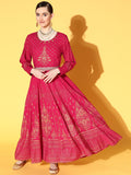 Juniper Women Fuchsia Rayon Printed Flared Dress | Grocsy