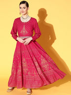 Juniper Women Fuchsia Rayon Printed Flared Dress | Grocsy