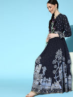 Juniper Women Indigo Georgette Printed Flared Dress | Grocsy