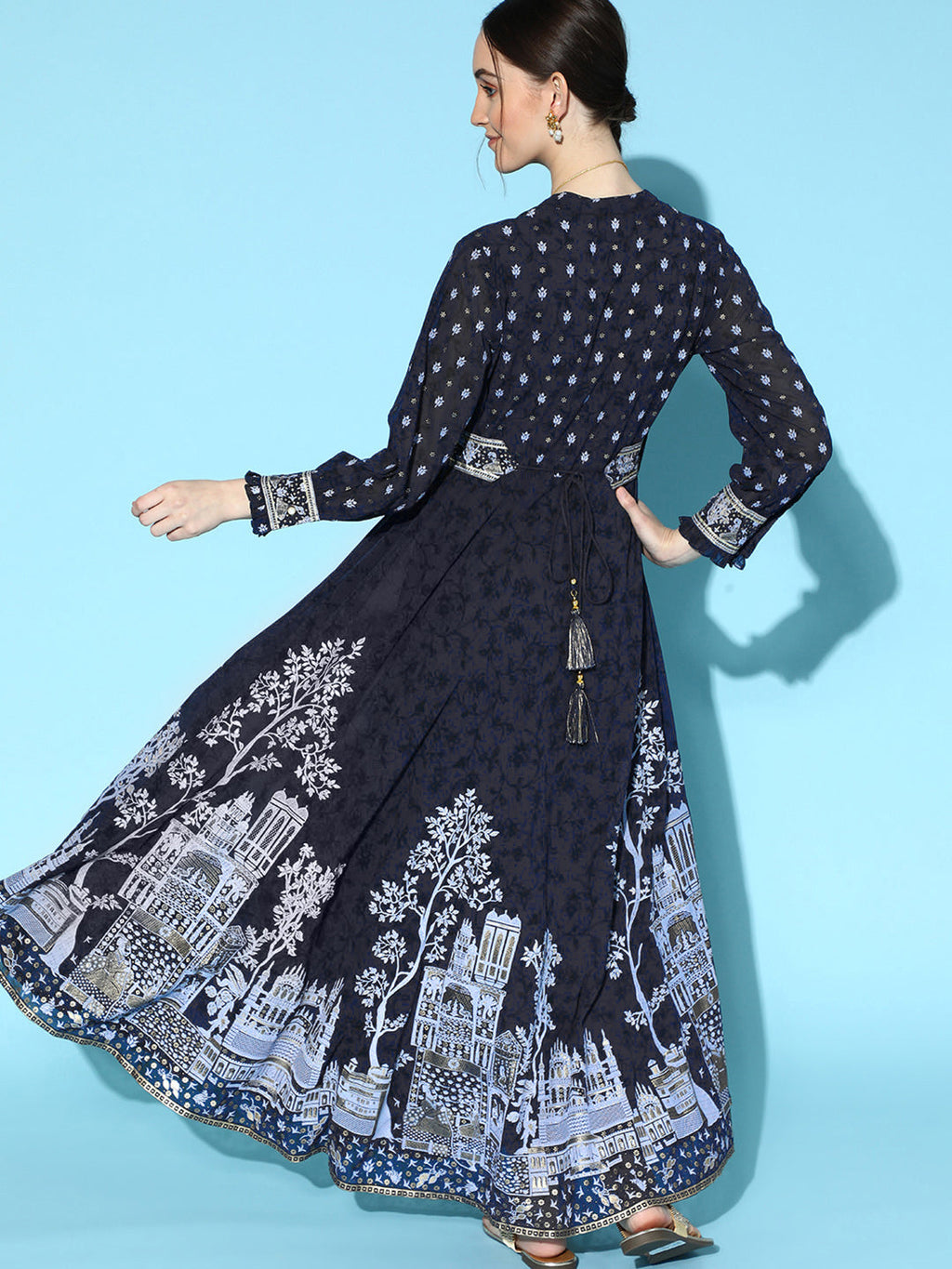 Juniper Women Indigo Georgette Printed Flared Dress | Grocsy