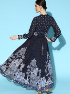 Juniper Women Indigo Georgette Printed Flared Dress | Grocsy