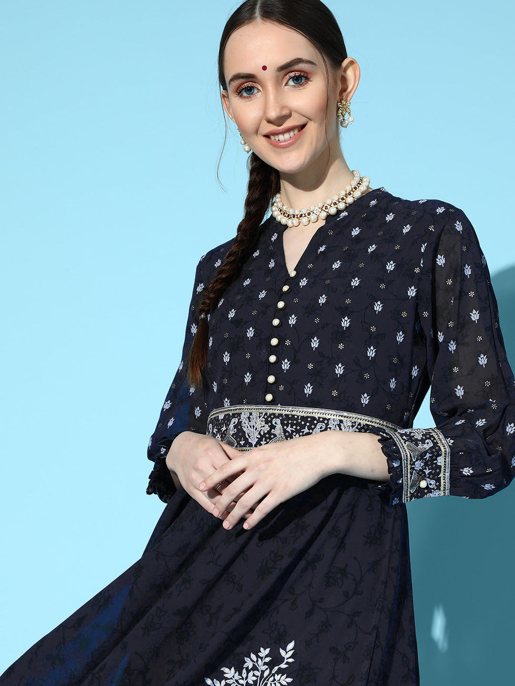 Juniper Women Indigo Georgette Printed Flared Dress | Grocsy