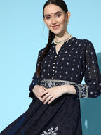 Juniper Women Indigo Georgette Printed Flared Dress | Grocsy