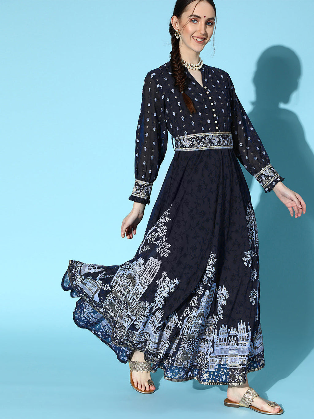 Juniper Women Indigo Georgette Printed Flared Dress | Grocsy