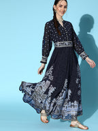 Juniper Women Indigo Georgette Printed Flared Dress | Grocsy