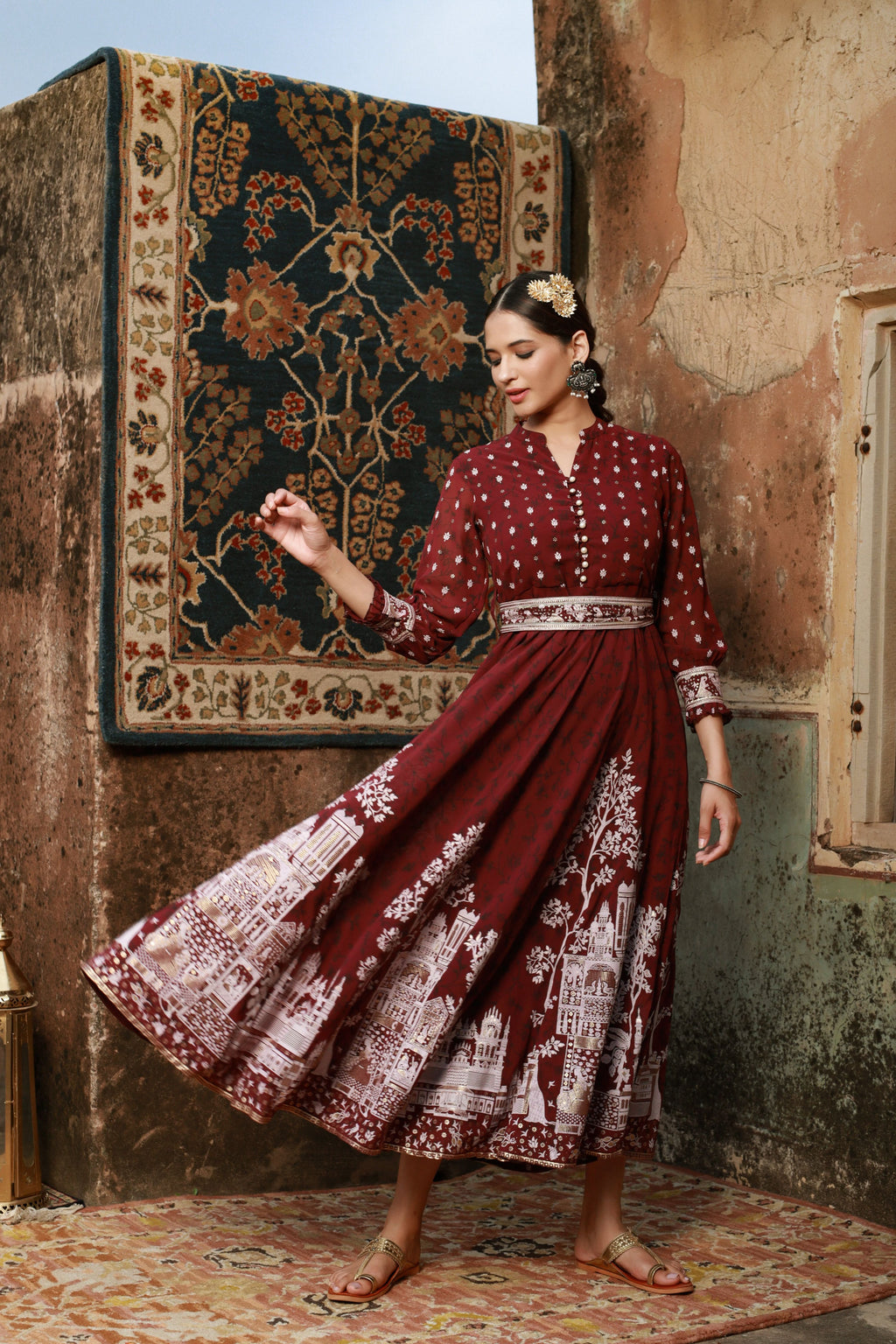 Juniper Women Wine Georgette Printed Flared Dress | Grocsy