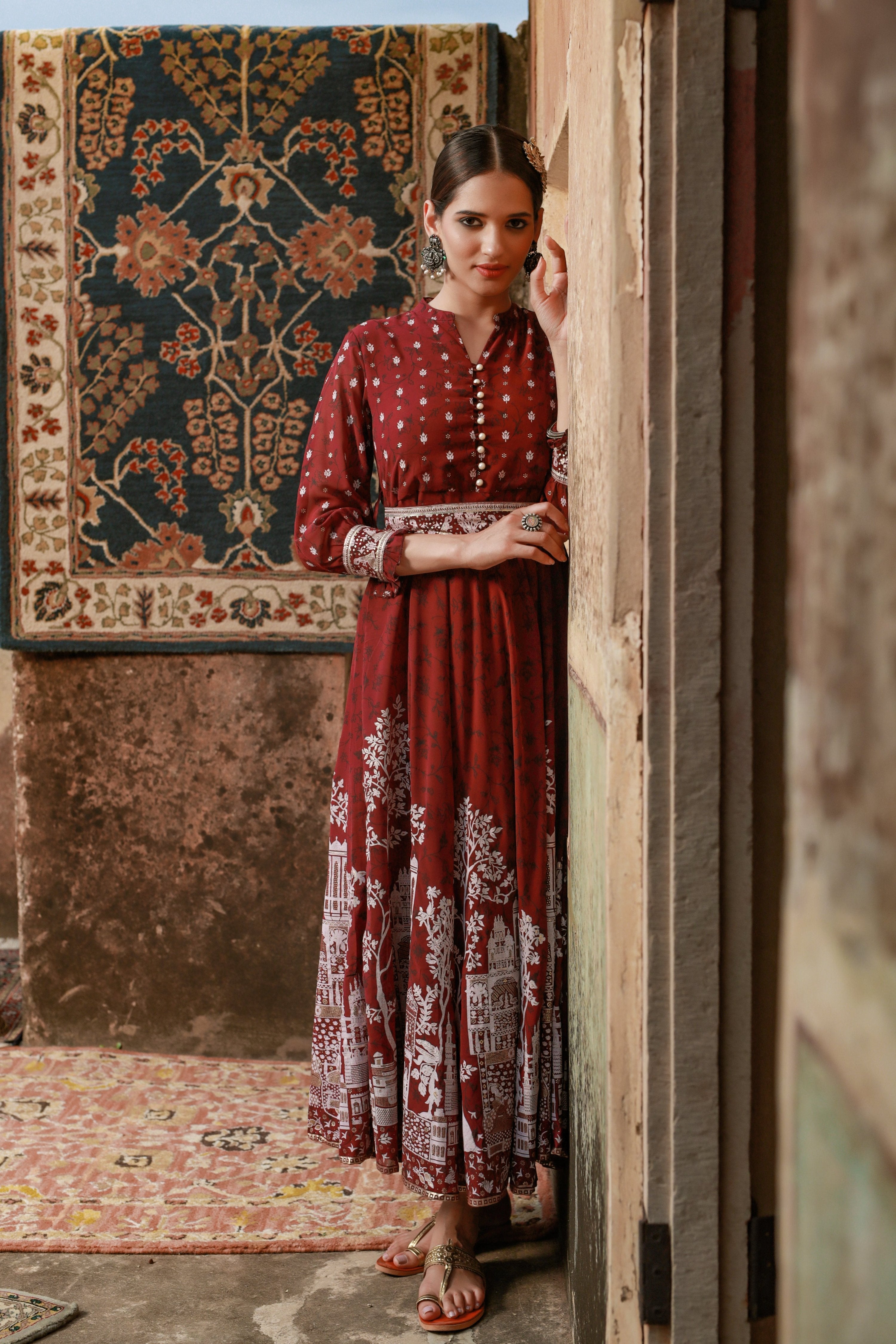 Juniper Women Wine Georgette Printed Flared Dress | Grocsy