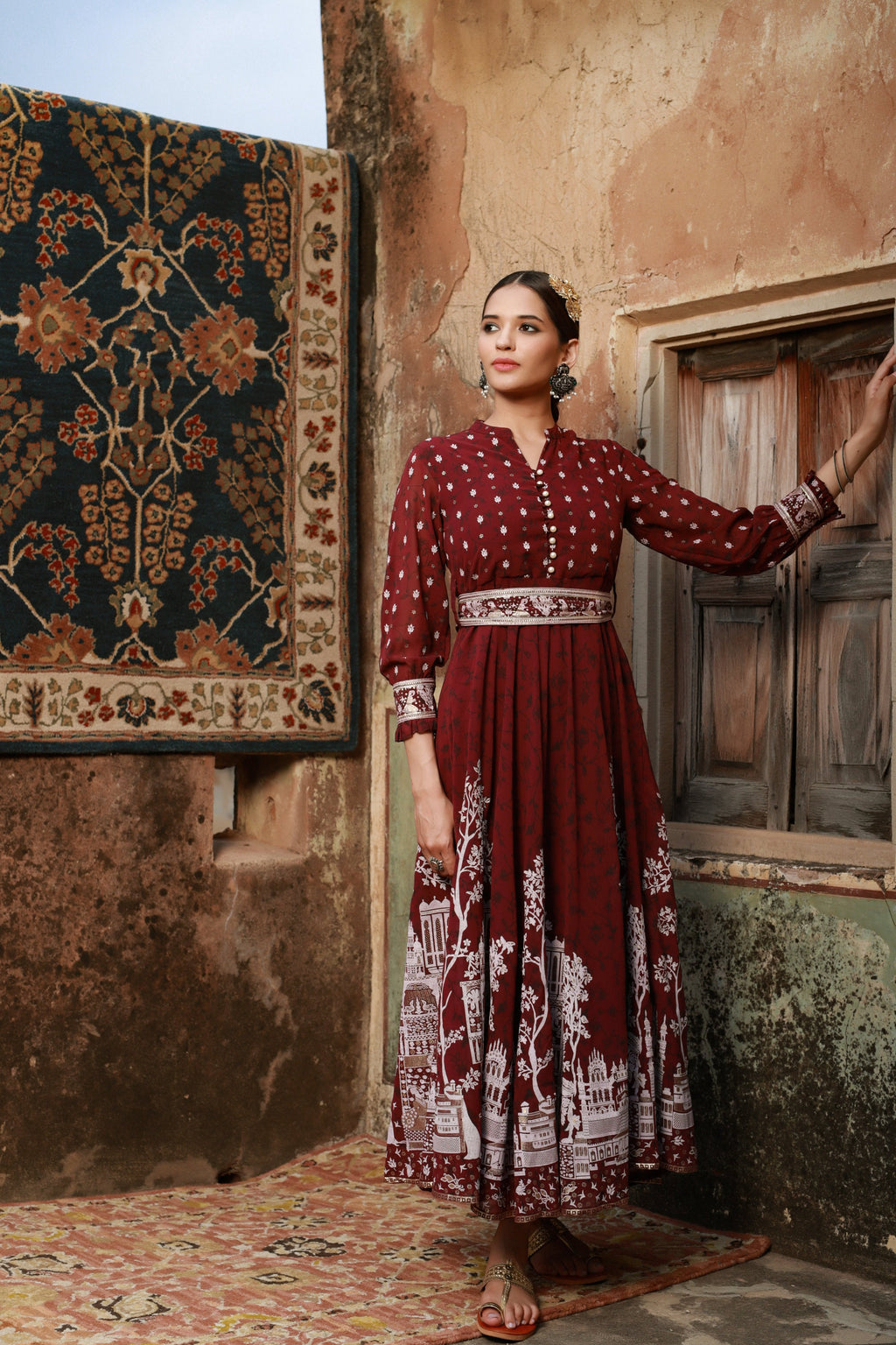 Juniper Women Wine Georgette Printed Flared Dress | Grocsy