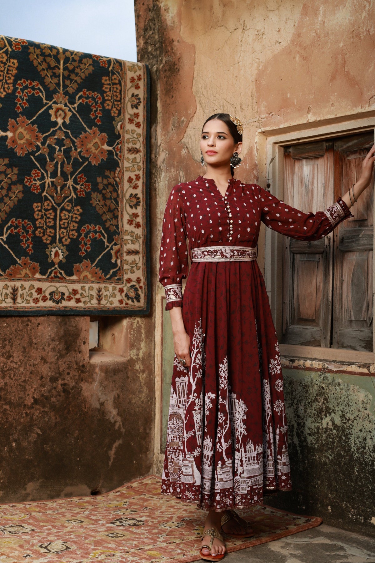 Juniper Women Wine Georgette Printed Flared Dress | Grocsy