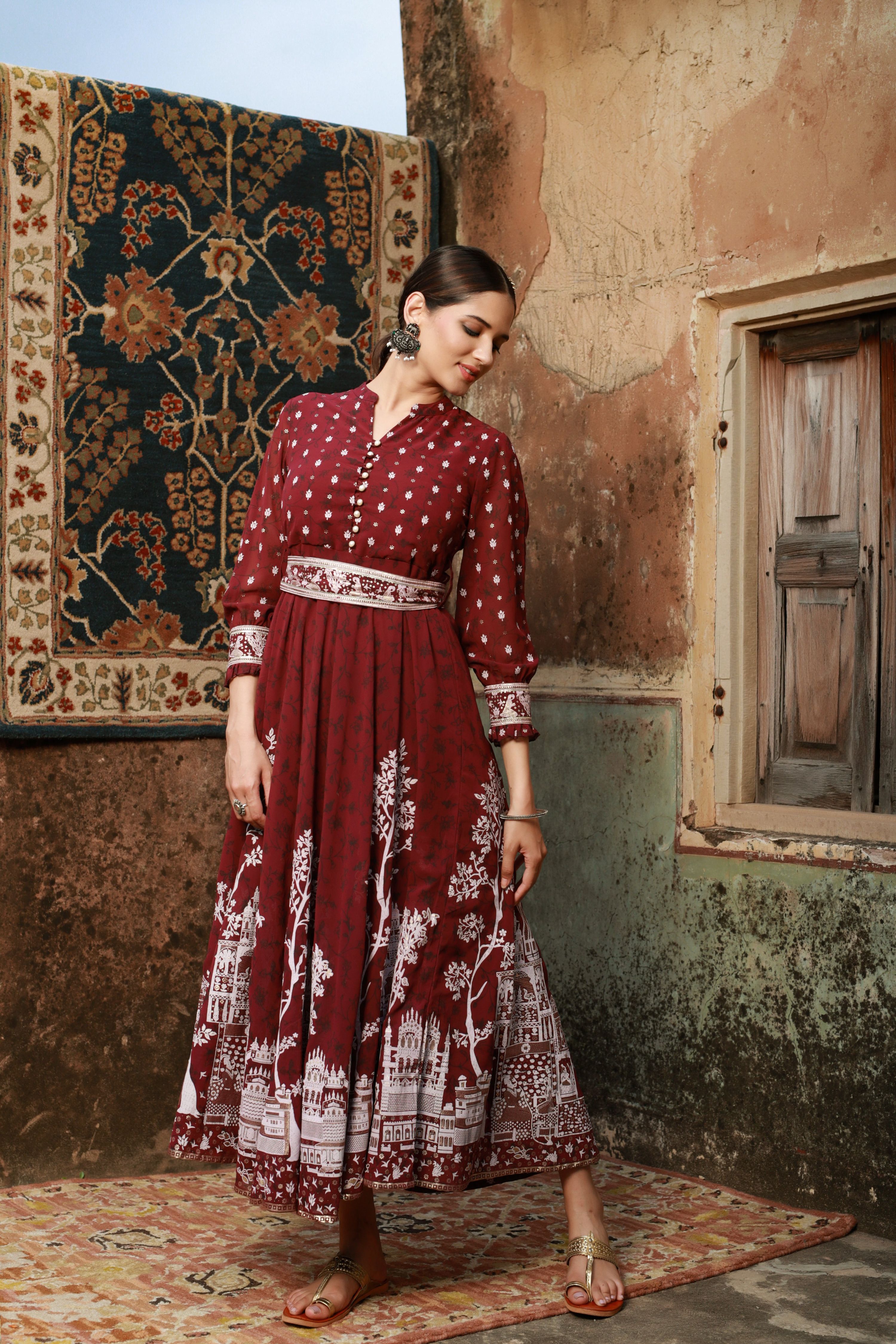 Juniper Women Wine Georgette Printed Flared Dress | Grocsy