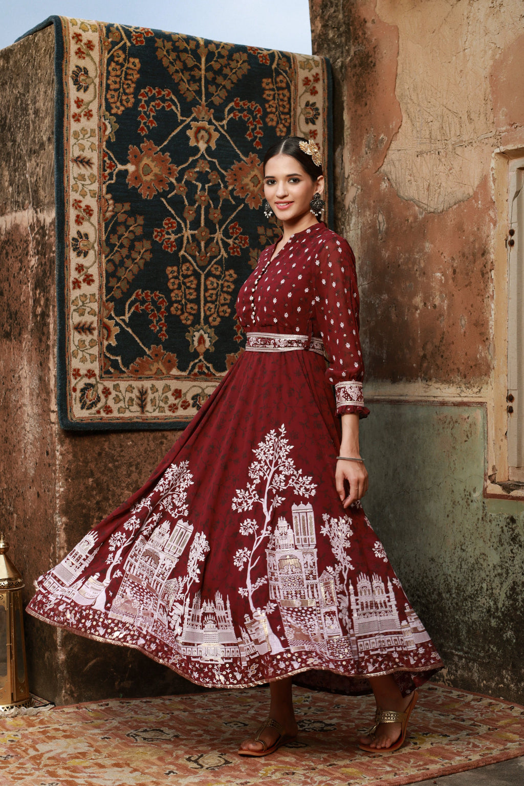 Juniper Women Wine Georgette Printed Flared Dress | Grocsy