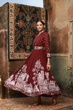 Juniper Women Wine Georgette Printed Flared Dress | Grocsy