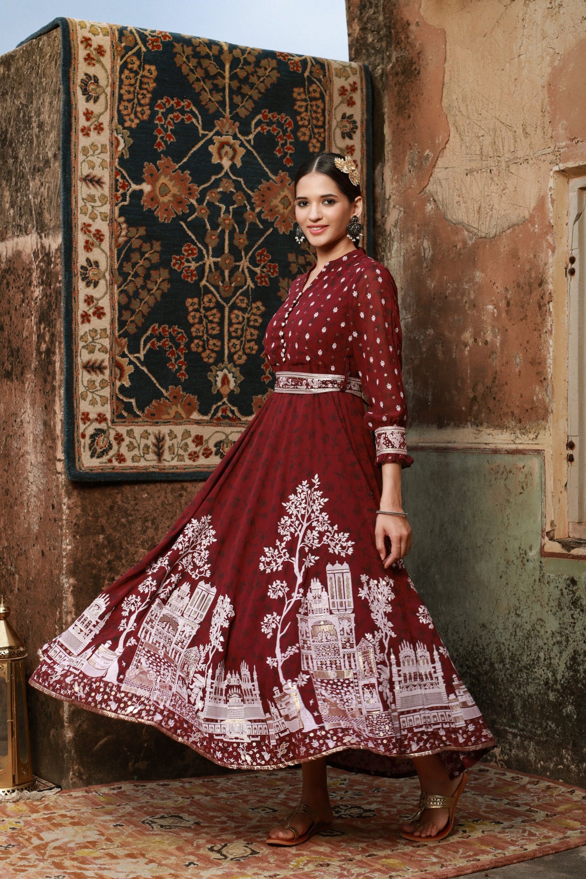 Juniper Women Wine Georgette Printed Flared Dress | Grocsy