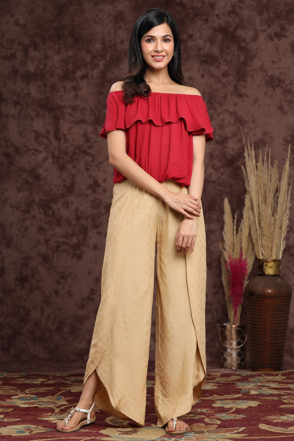 Juniper Women's Gold Rayon Printed Tulip Dhoti Pant | Grocsy