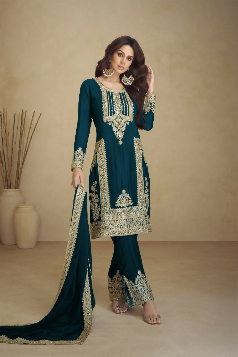 Vastranavya Gorgeous Teal Faux Georgette with Embroidery 3mm Sequence & Coding Work Pakistani Straight Pant Suit | Grocsy