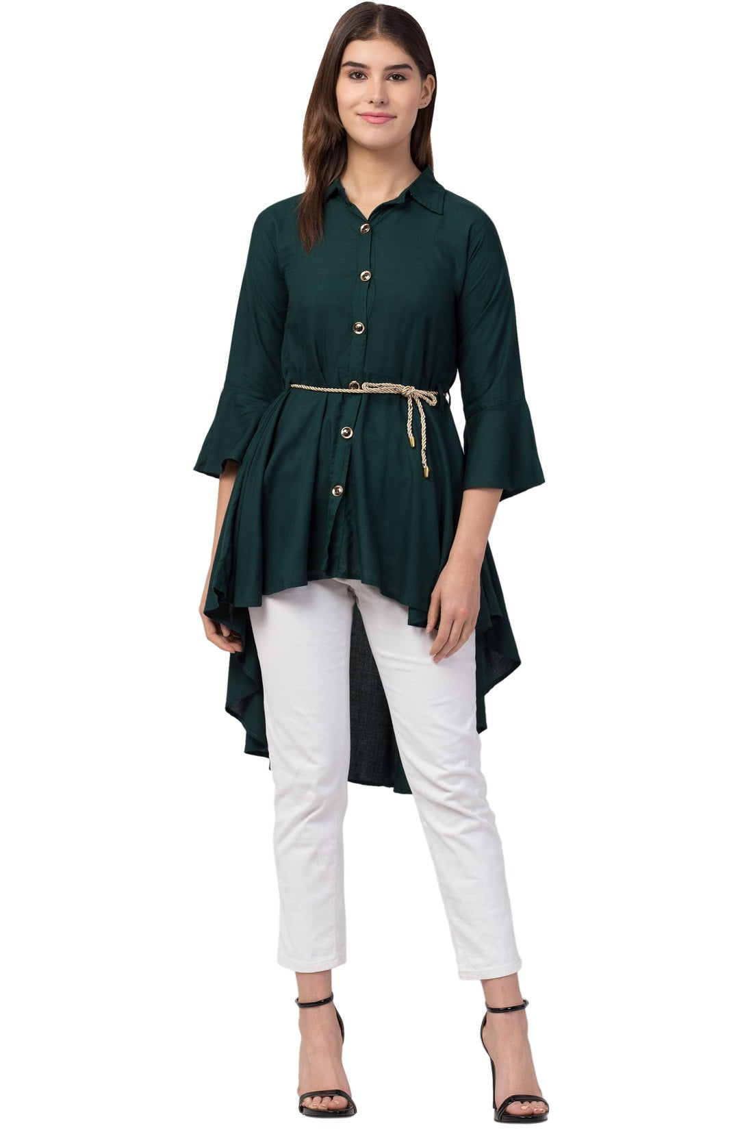 PAVONINE Bottle Green Color High-Low Midi For Girls | Grocsy