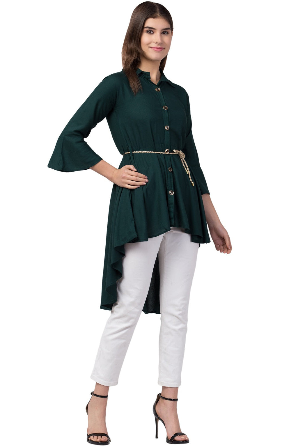 PAVONINE Bottle Green Color High-Low Midi For Girls | Grocsy