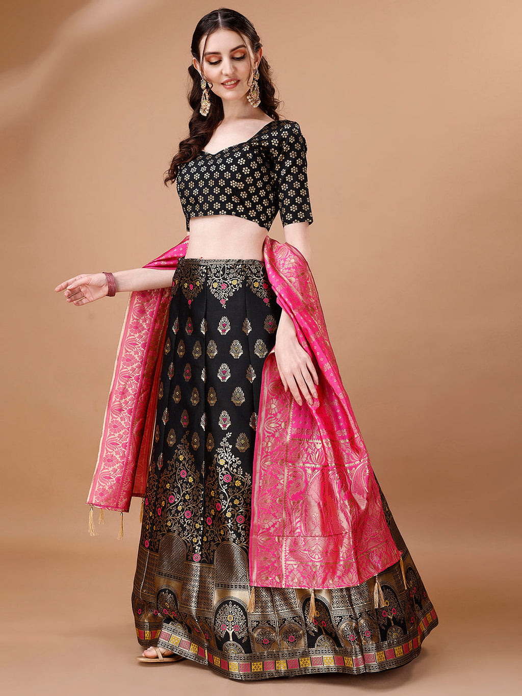Lorenvalley Fashion Black & Pink Semi-Stitched Lehenga & Unstitched Blouse With Dupatta | Grocsy