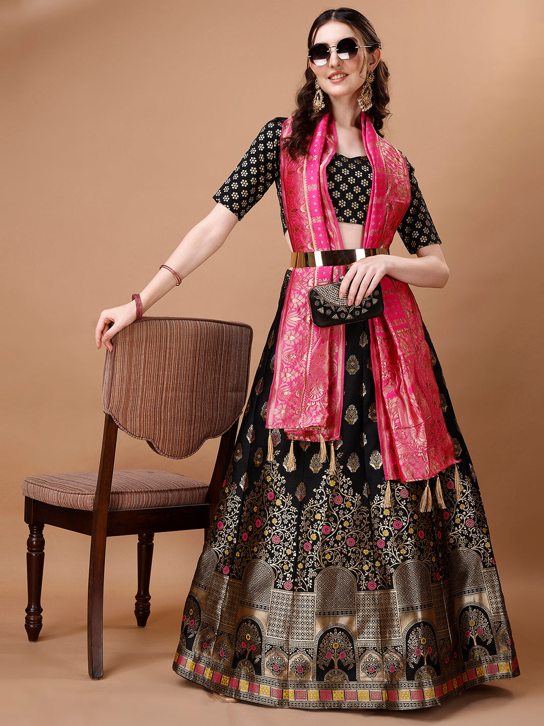 Lorenvalley Fashion Black & Pink Semi-Stitched Lehenga & Unstitched Blouse With Dupatta | Grocsy