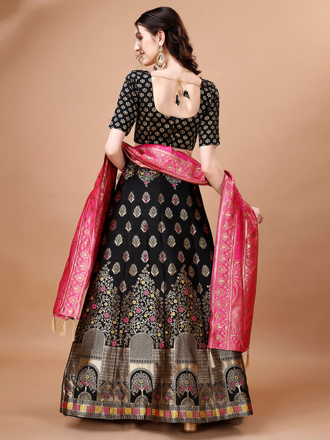 Lorenvalley Fashion Black & Pink Semi-Stitched Lehenga & Unstitched Blouse With Dupatta | Grocsy