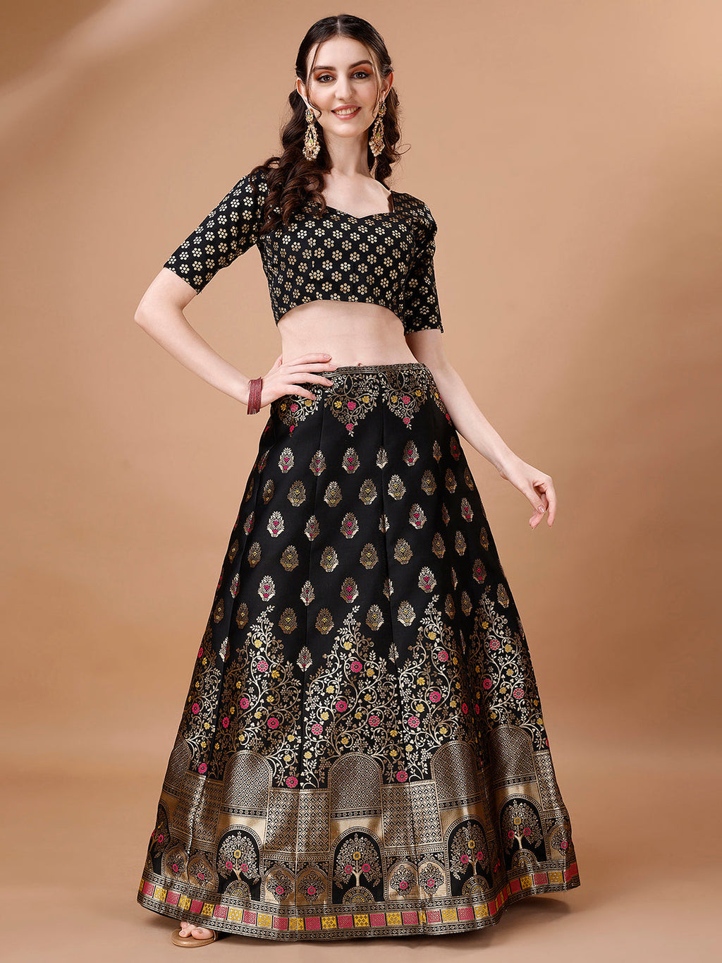 Lorenvalley Fashion Black & Pink Semi-Stitched Lehenga & Unstitched Blouse With Dupatta | Grocsy