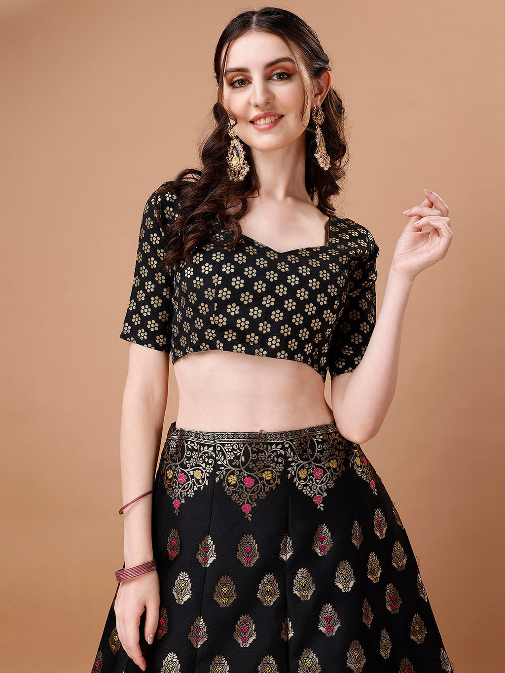 Lorenvalley Fashion Black & Pink Semi-Stitched Lehenga & Unstitched Blouse With Dupatta | Grocsy