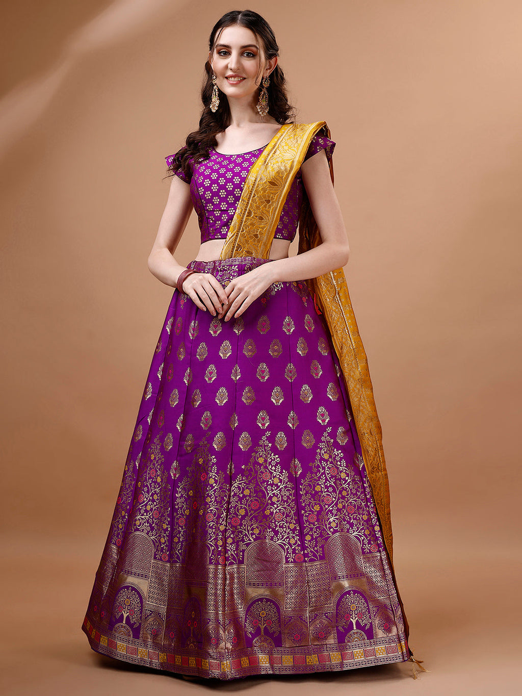 Lorenvalley Fashion Purple & Mustard Semi-Stitched Lehenga & Unstitched Blouse With Dupatta | Grocsy