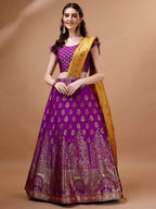 Lorenvalley Fashion Purple & Mustard Semi-Stitched Lehenga & Unstitched Blouse With Dupatta | Grocsy