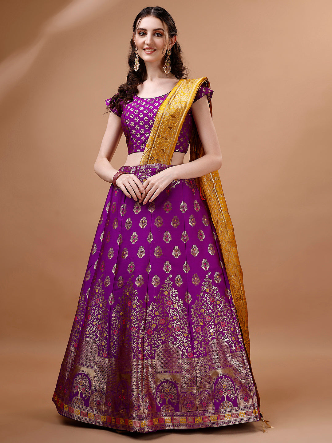 Lorenvalley Fashion Purple & Mustard Semi-Stitched Lehenga & Unstitched Blouse With Dupatta | Grocsy