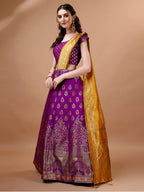 Lorenvalley Fashion Purple & Mustard Semi-Stitched Lehenga & Unstitched Blouse With Dupatta | Grocsy