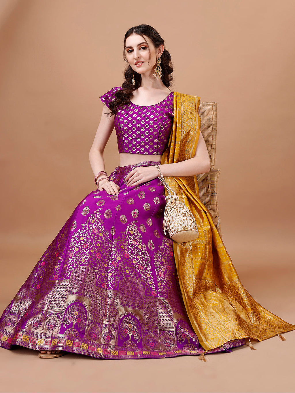Lorenvalley Fashion Purple & Mustard Semi-Stitched Lehenga & Unstitched Blouse With Dupatta | Grocsy
