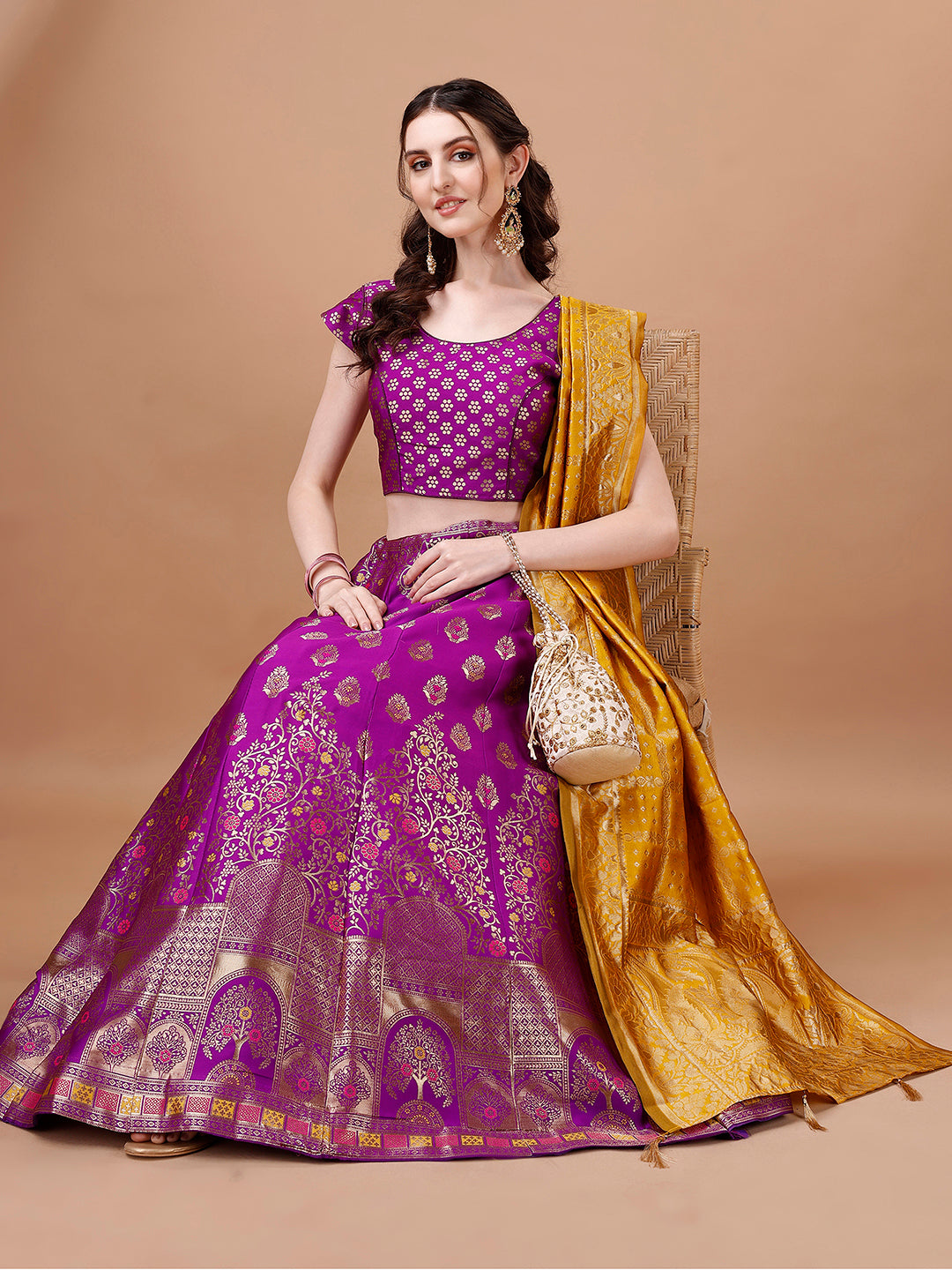 Lorenvalley Fashion Purple & Mustard Semi-Stitched Lehenga & Unstitched Blouse With Dupatta | Grocsy