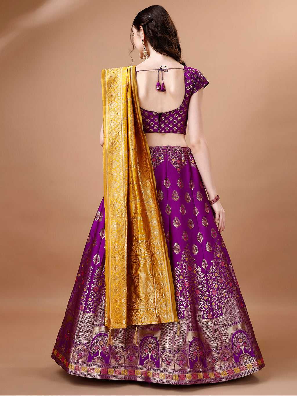 Lorenvalley Fashion Purple & Mustard Semi-Stitched Lehenga & Unstitched Blouse With Dupatta | Grocsy