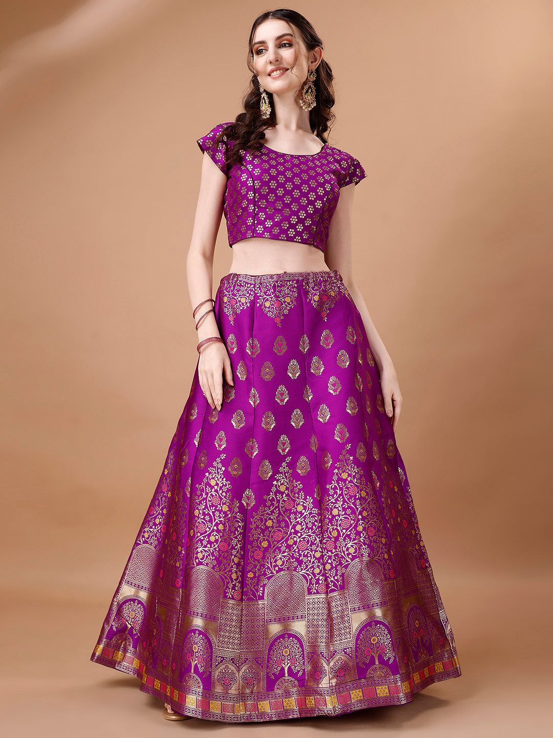 Lorenvalley Fashion Purple & Mustard Semi-Stitched Lehenga & Unstitched Blouse With Dupatta | Grocsy