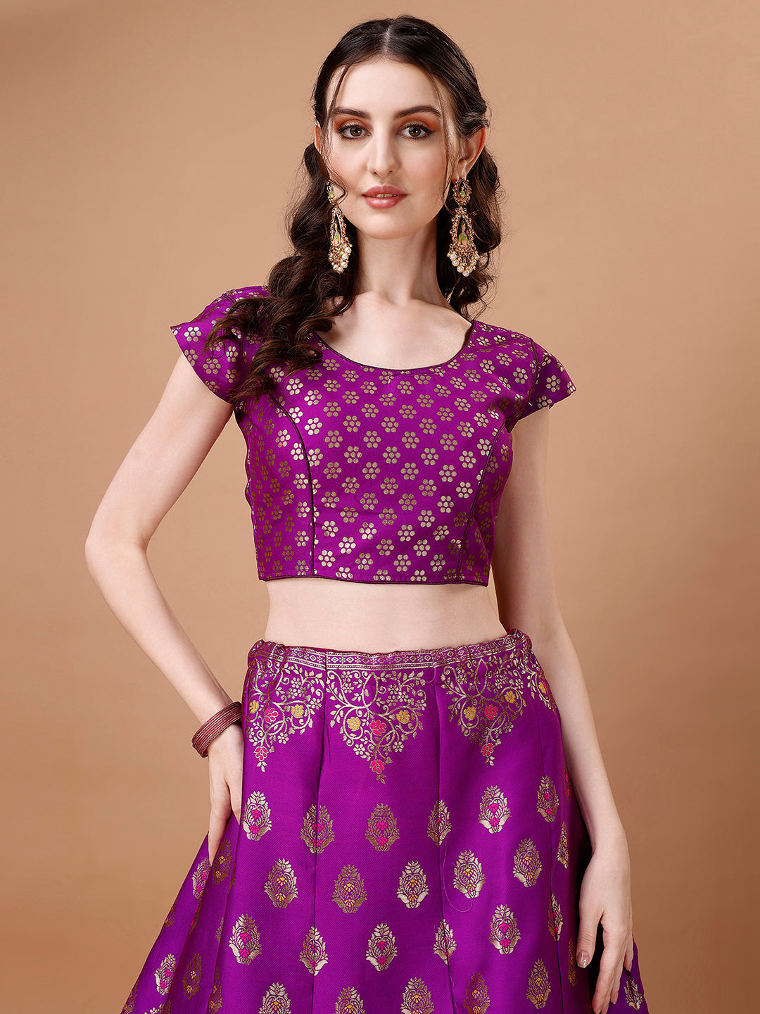 Lorenvalley Fashion Purple & Mustard Semi-Stitched Lehenga & Unstitched Blouse With Dupatta | Grocsy