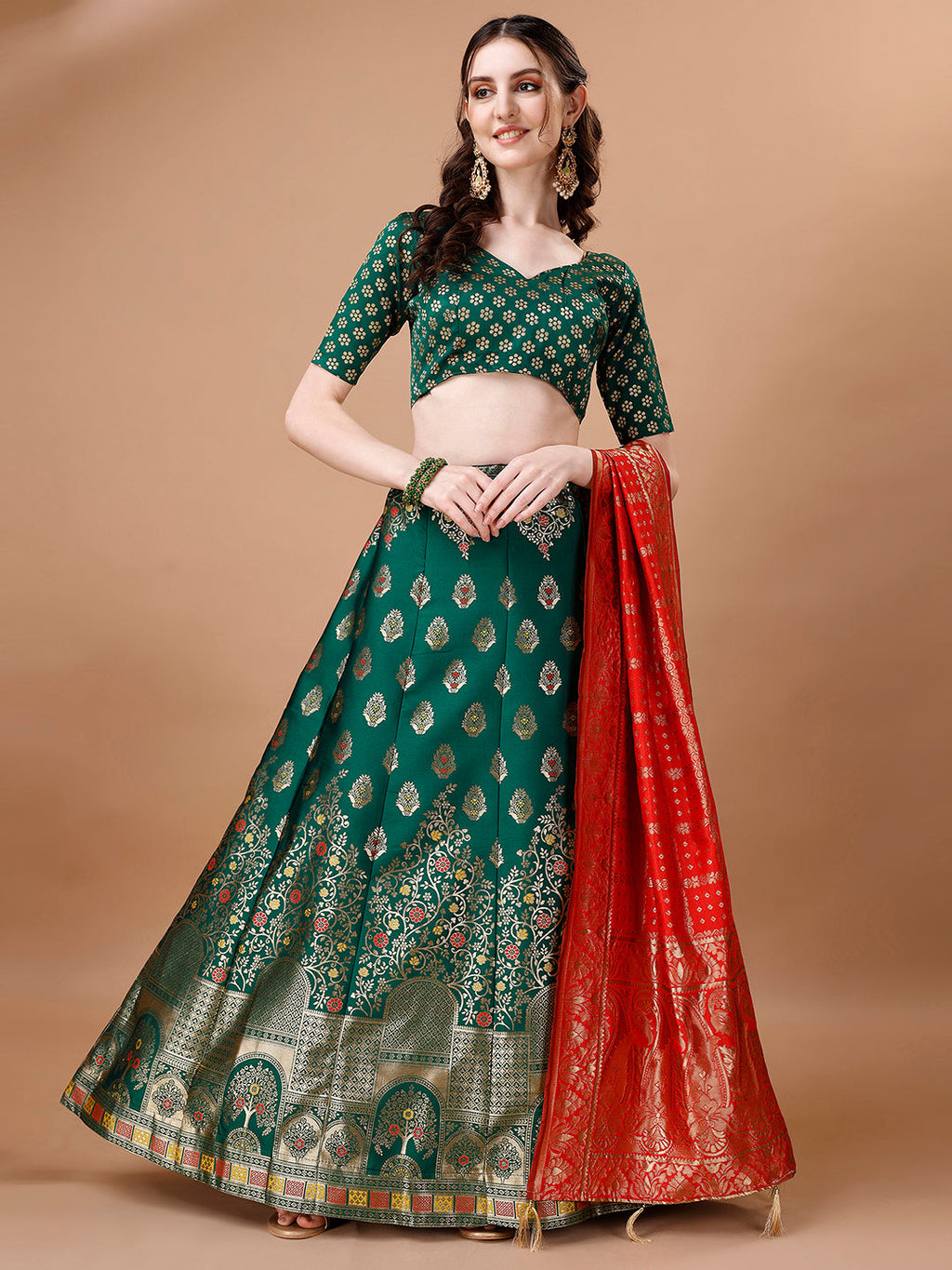 Lorenvalley Fashion Green & Red Semi-Stitched Lehenga & Unstitched Blouse With Dupatta | Grocsy