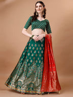 Lorenvalley Fashion Green & Red Semi-Stitched Lehenga & Unstitched Blouse With Dupatta | Grocsy