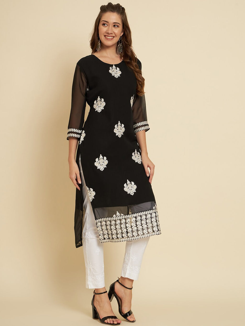HERE&NOW Black & White Ethnic Motifs Chikankari Embroidered Georgette Kurta | Grocsy
