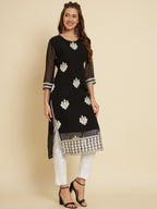 HERE&NOW Black & White Ethnic Motifs Chikankari Embroidered Georgette Kurta | Grocsy