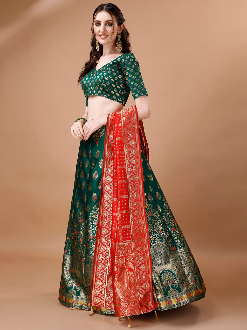 Lorenvalley Fashion Green & Red Semi-Stitched Lehenga & Unstitched Blouse With Dupatta | Grocsy