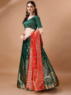 Lorenvalley Fashion Green & Red Semi-Stitched Lehenga & Unstitched Blouse With Dupatta | Grocsy