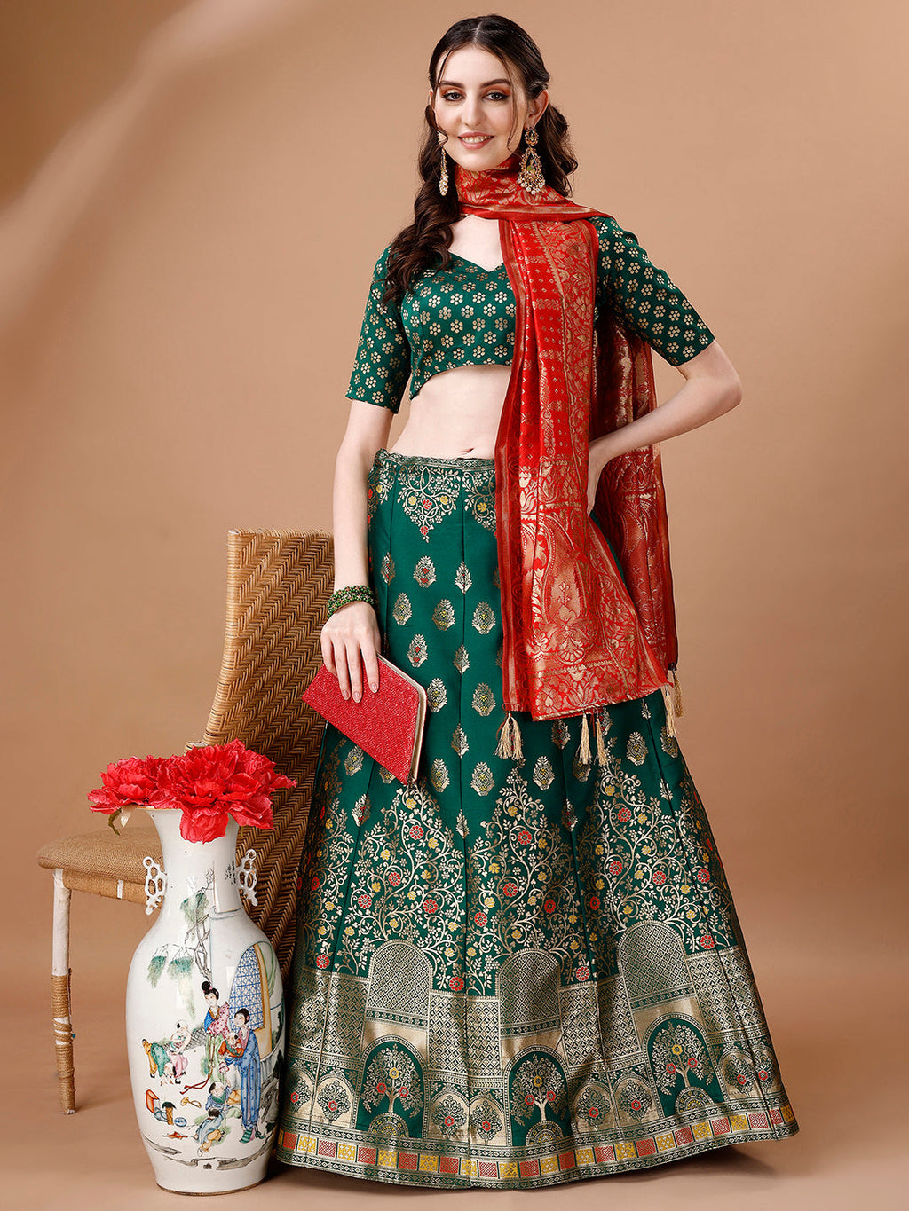 Lorenvalley Fashion Green & Red Semi-Stitched Lehenga & Unstitched Blouse With Dupatta | Grocsy