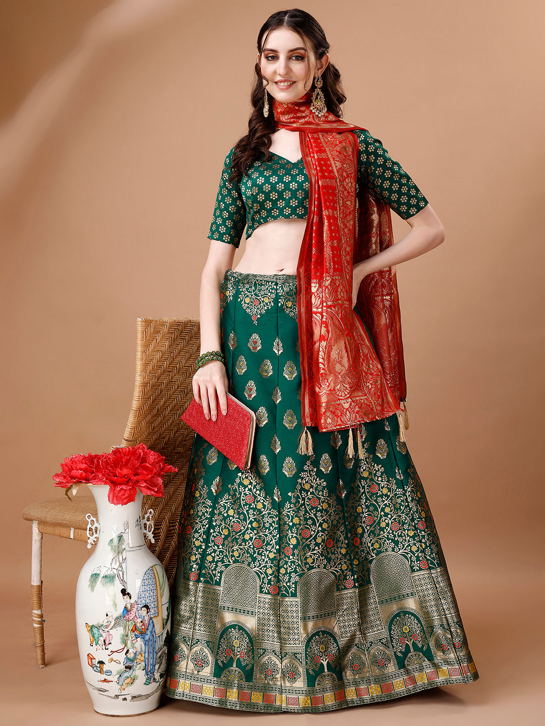 Lorenvalley Fashion Green & Red Semi-Stitched Lehenga & Unstitched Blouse With Dupatta | Grocsy