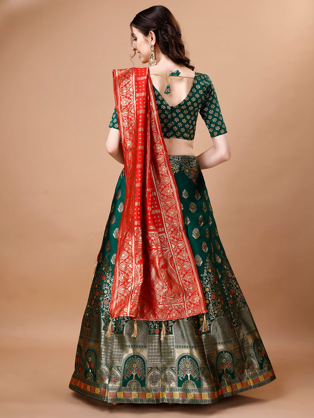 Lorenvalley Fashion Green & Red Semi-Stitched Lehenga & Unstitched Blouse With Dupatta | Grocsy