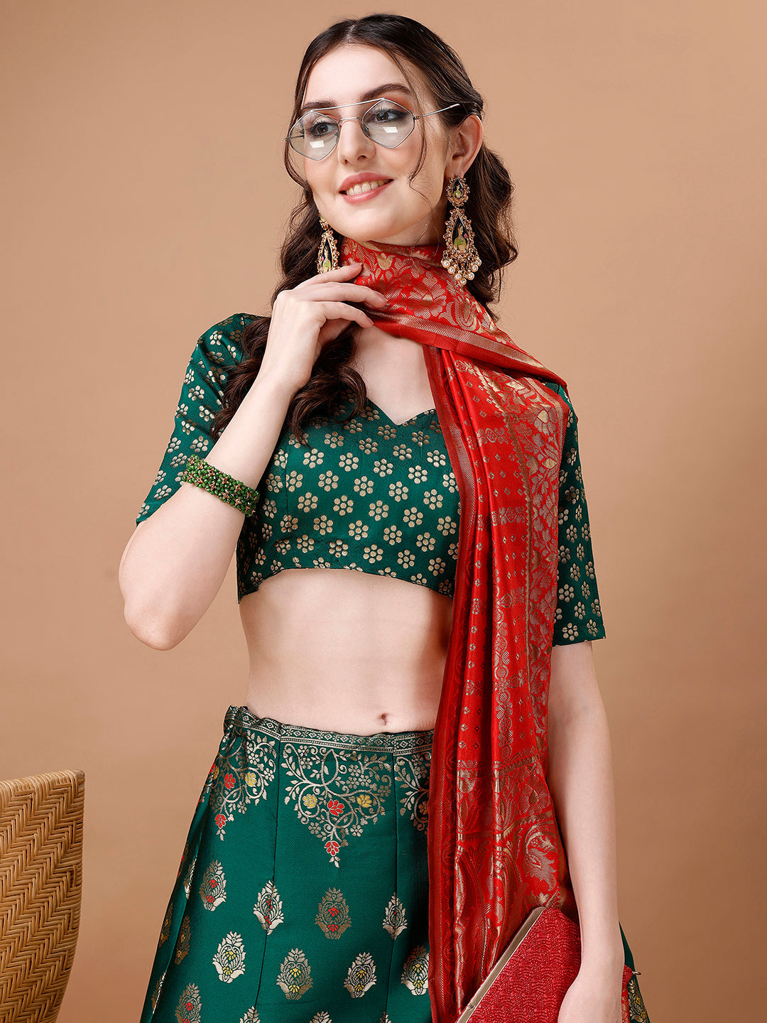 Lorenvalley Fashion Green & Red Semi-Stitched Lehenga & Unstitched Blouse With Dupatta | Grocsy