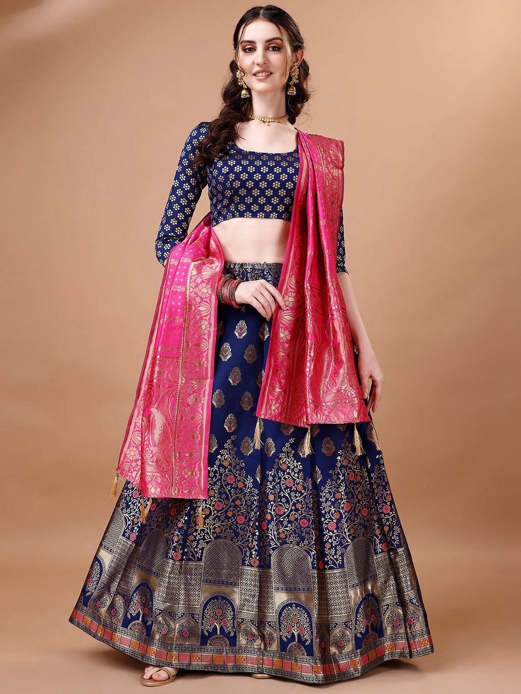 Lorenvalley Fashion Blue & Pink Semi-Stitched Lehenga & Unstitched Blouse With Dupatta | Grocsy