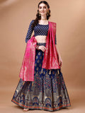 Lorenvalley Fashion Blue & Pink Semi-Stitched Lehenga & Unstitched Blouse With Dupatta | Grocsy