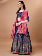 Lorenvalley Fashion Blue & Pink Semi-Stitched Lehenga & Unstitched Blouse With Dupatta | Grocsy